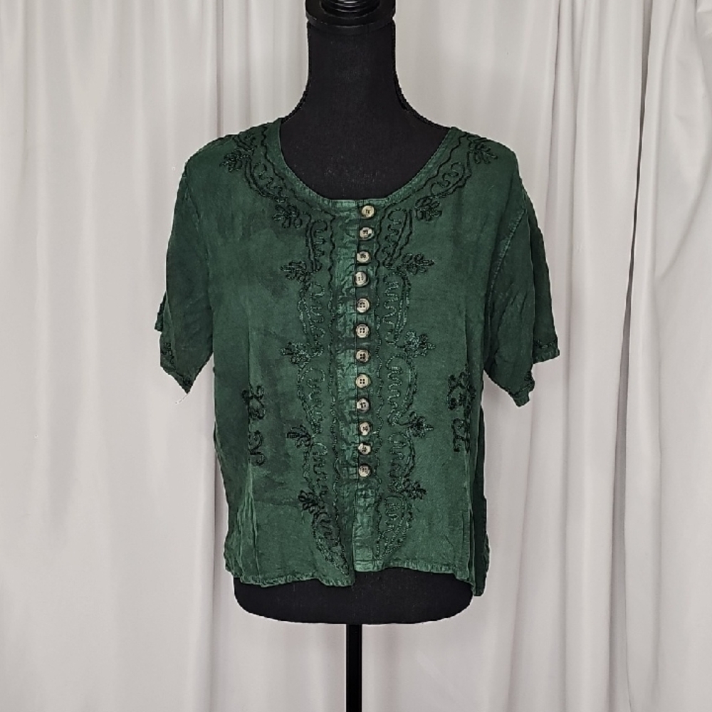 Chic Forest Green Embroidered Blouse